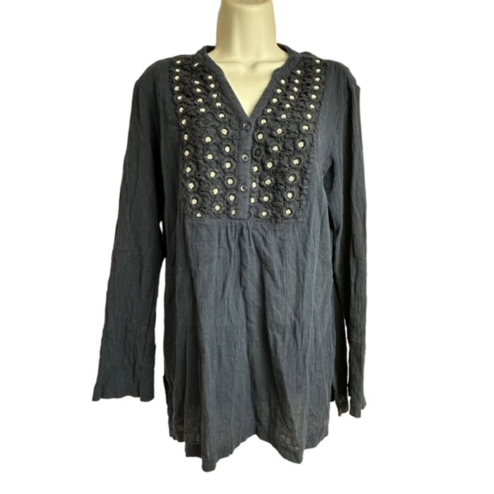 Krazy Kat Boho Beaded Navy Blouse Medium Bohemian Med Long Sleeve Top